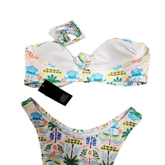 Tropical Floral Print Bandeau Bikini Set Womens Hair Tie Size M - Picture 3 of 7